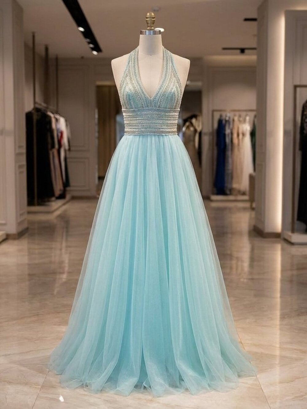 Light Aqua Blue Silver Beaded Halter Tulle Formal Gown Prom Dress